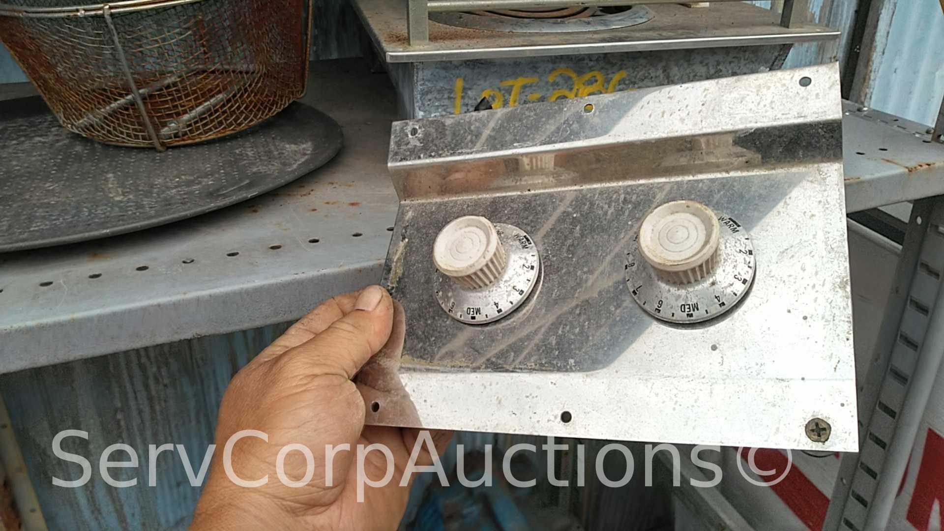 Lot on Shelf of Small Electric Burner, Basket, Drain Tray