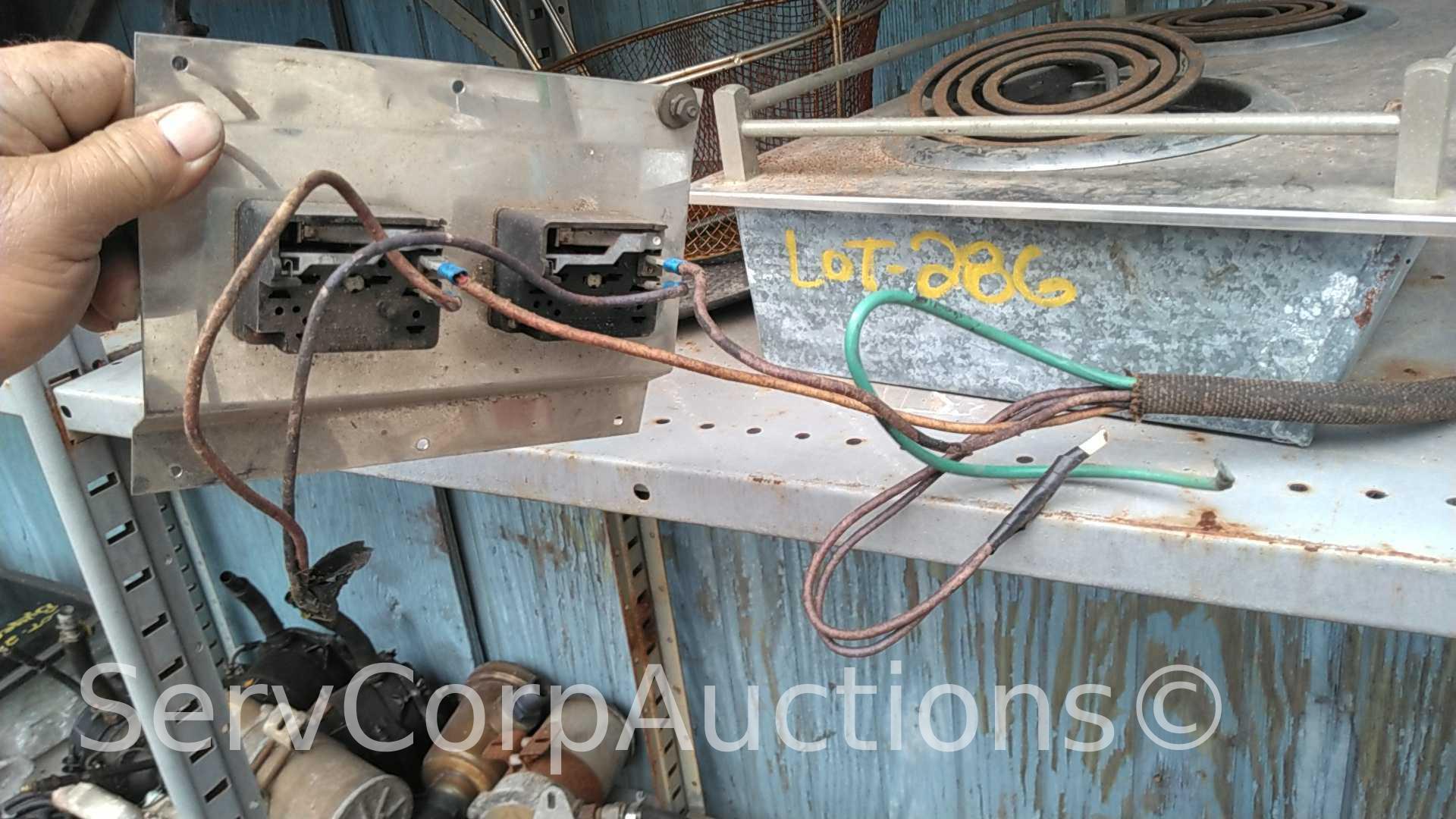 Lot on Shelf of Small Electric Burner, Basket, Drain Tray
