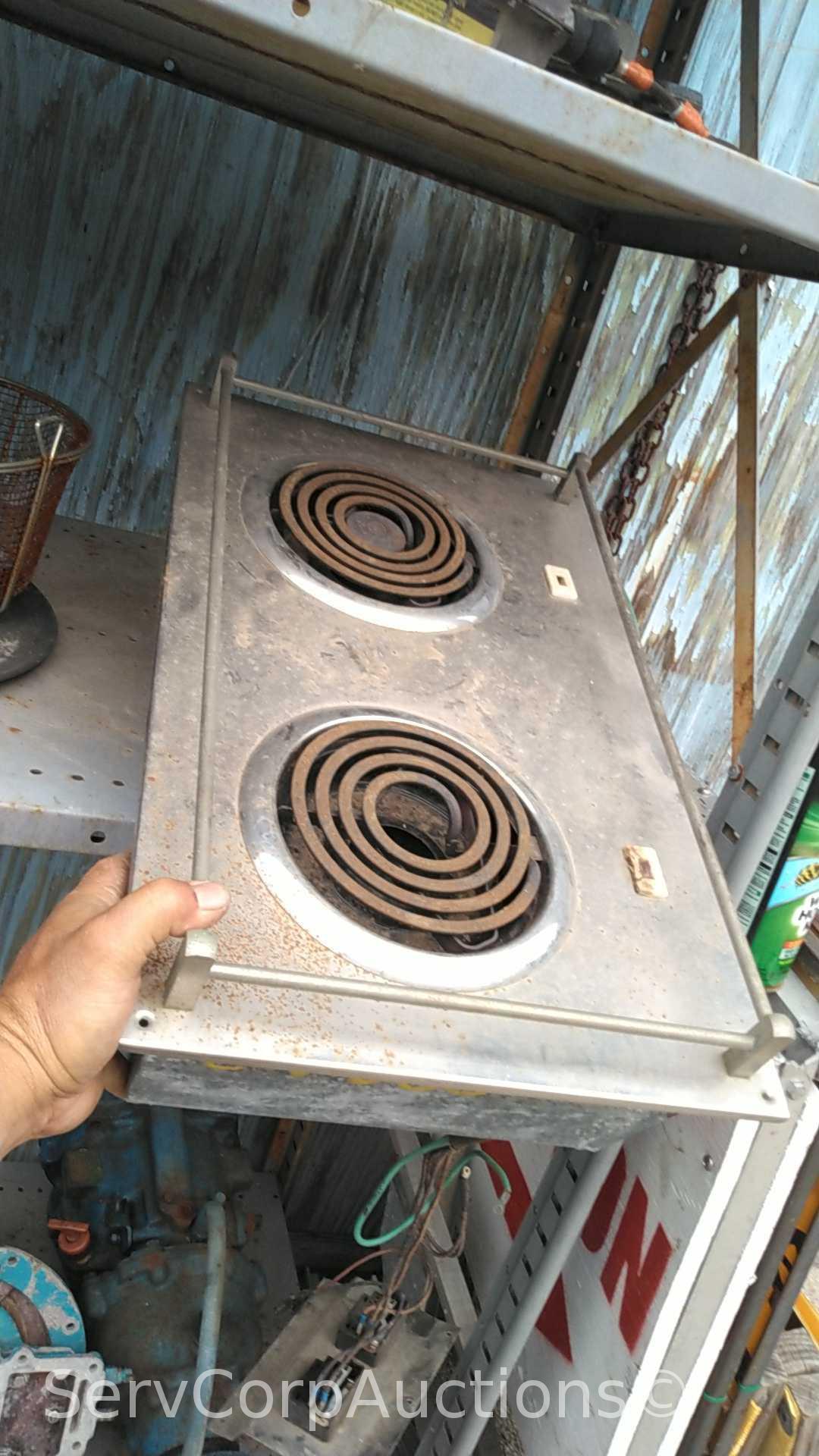 Lot on Shelf of Small Electric Burner, Basket, Drain Tray