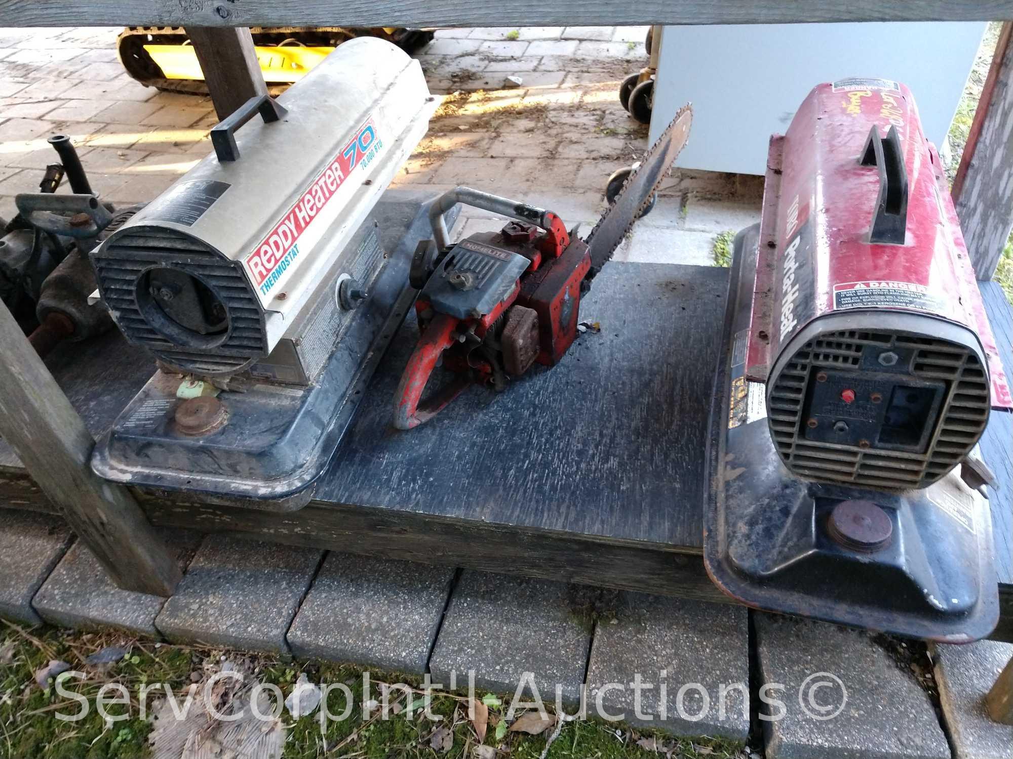 Lot on Shelf of Homelite Chainsaw, Reddy Heater 70,000 BTU Turbo Heater, Toro Porta-Heat 40,000 BUT