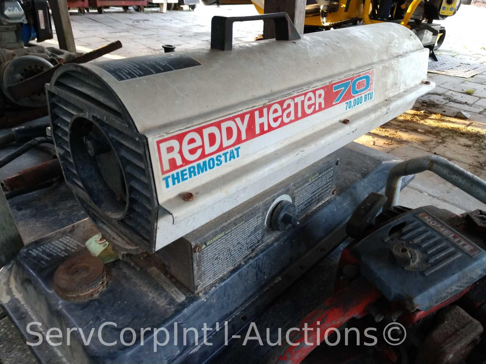 Lot on Shelf of Homelite Chainsaw, Reddy Heater 70,000 BTU Turbo Heater, Toro Porta-Heat 40,000 BUT
