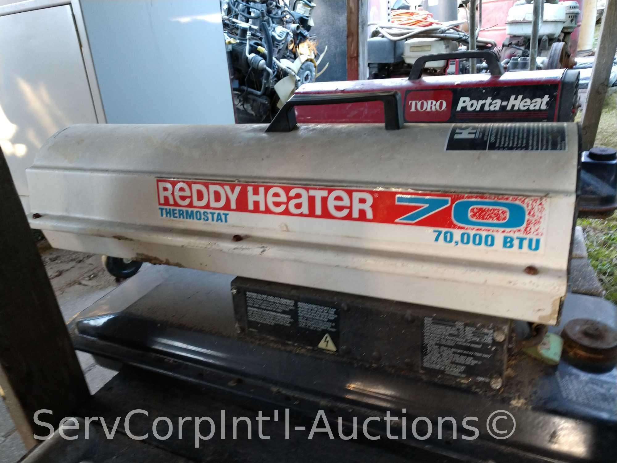 Lot on Shelf of Homelite Chainsaw, Reddy Heater 70,000 BTU Turbo Heater, Toro Porta-Heat 40,000 BUT