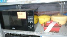 Lot on Shelf of Haier Microwave, 3 Various Cooking Pots