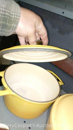 Lot on Shelf of Haier Microwave, 3 Various Cooking Pots