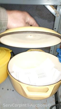 Lot on Shelf of Haier Microwave, 3 Various Cooking Pots