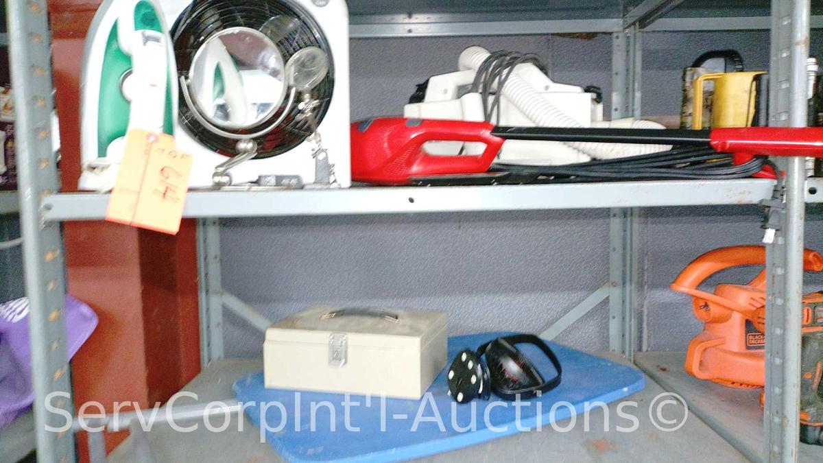 Lot on 2 Shelves of Oreck Carry Vacuum, Red Devil Sweeper, Food Scale, Personal Mirror, Rival Iron,