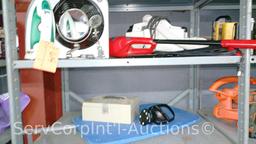 Lot on 2 Shelves of Oreck Carry Vacuum, Red Devil Sweeper, Food Scale, Personal Mirror, Rival Iron,