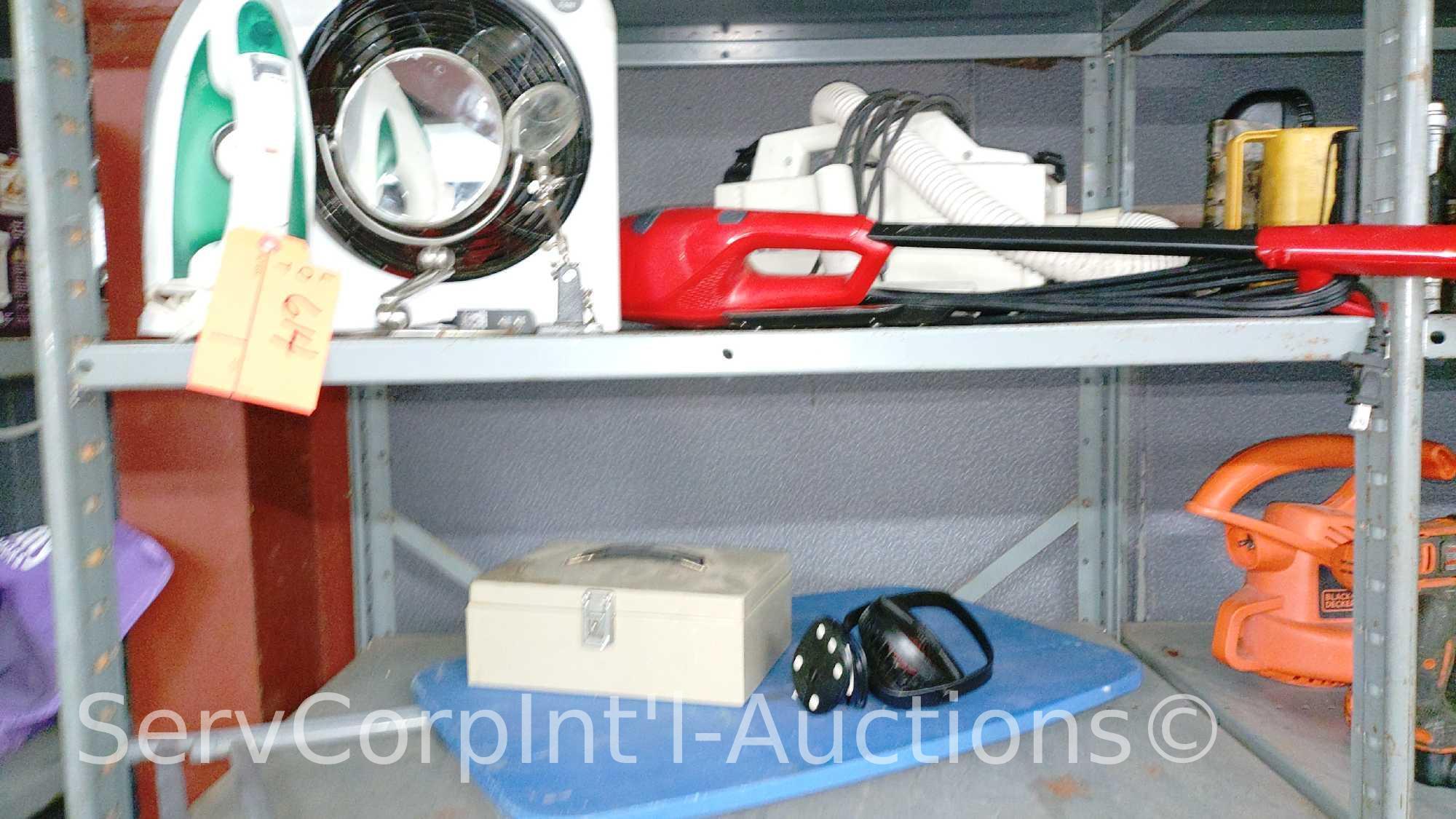 Lot on 2 Shelves of Oreck Carry Vacuum, Red Devil Sweeper, Food Scale, Personal Mirror, Rival Iron,