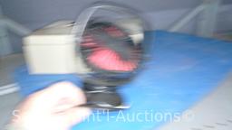 Lot on 2 Shelves of Oreck Carry Vacuum, Red Devil Sweeper, Food Scale, Personal Mirror, Rival Iron,