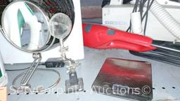 Lot on 2 Shelves of Oreck Carry Vacuum, Red Devil Sweeper, Food Scale, Personal Mirror, Rival Iron,