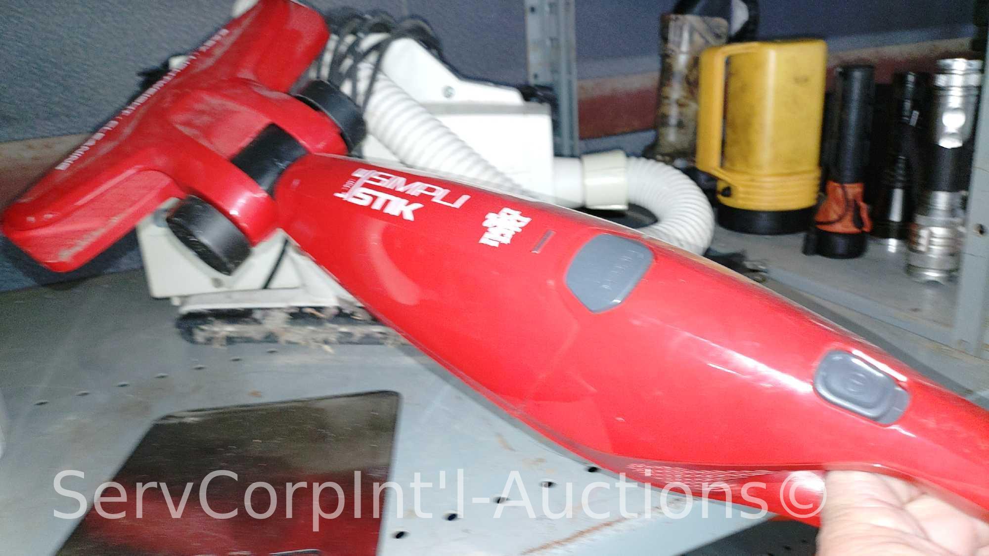 Lot on 2 Shelves of Oreck Carry Vacuum, Red Devil Sweeper, Food Scale, Personal Mirror, Rival Iron,