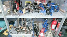 Lot on 2 Shelves of Various Floor Jacks, Bottle Jacks, Ball Mount Hitches, Jack Stands, 4-Ways, Lug