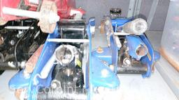 Lot on 2 Shelves of Various Floor Jacks, Bottle Jacks, Ball Mount Hitches, Jack Stands, 4-Ways, Lug