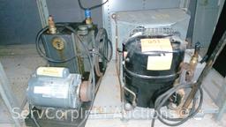 Lot on Shelf of Welch Scientific Duo Seal 1402 Vacuum Pump, Condensing Refrigerant Compressor