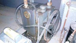 Lot on Shelf of Welch Scientific Duo Seal 1402 Vacuum Pump, Condensing Refrigerant Compressor