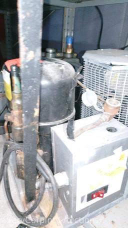 Lot on Shelf of Welch Scientific Duo Seal 1402 Vacuum Pump, Condensing Refrigerant Compressor