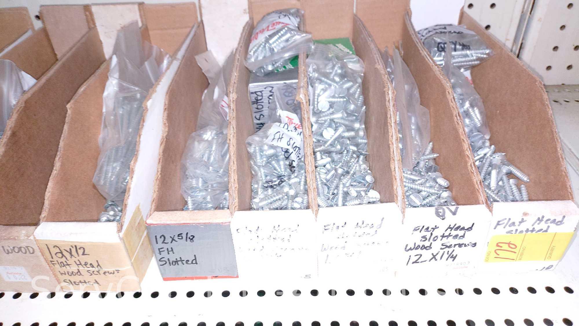 Lot Of Various Size Roundhead Machine Screws, Flathead Machine Screws, Flathead Slotted Wood Screws,
