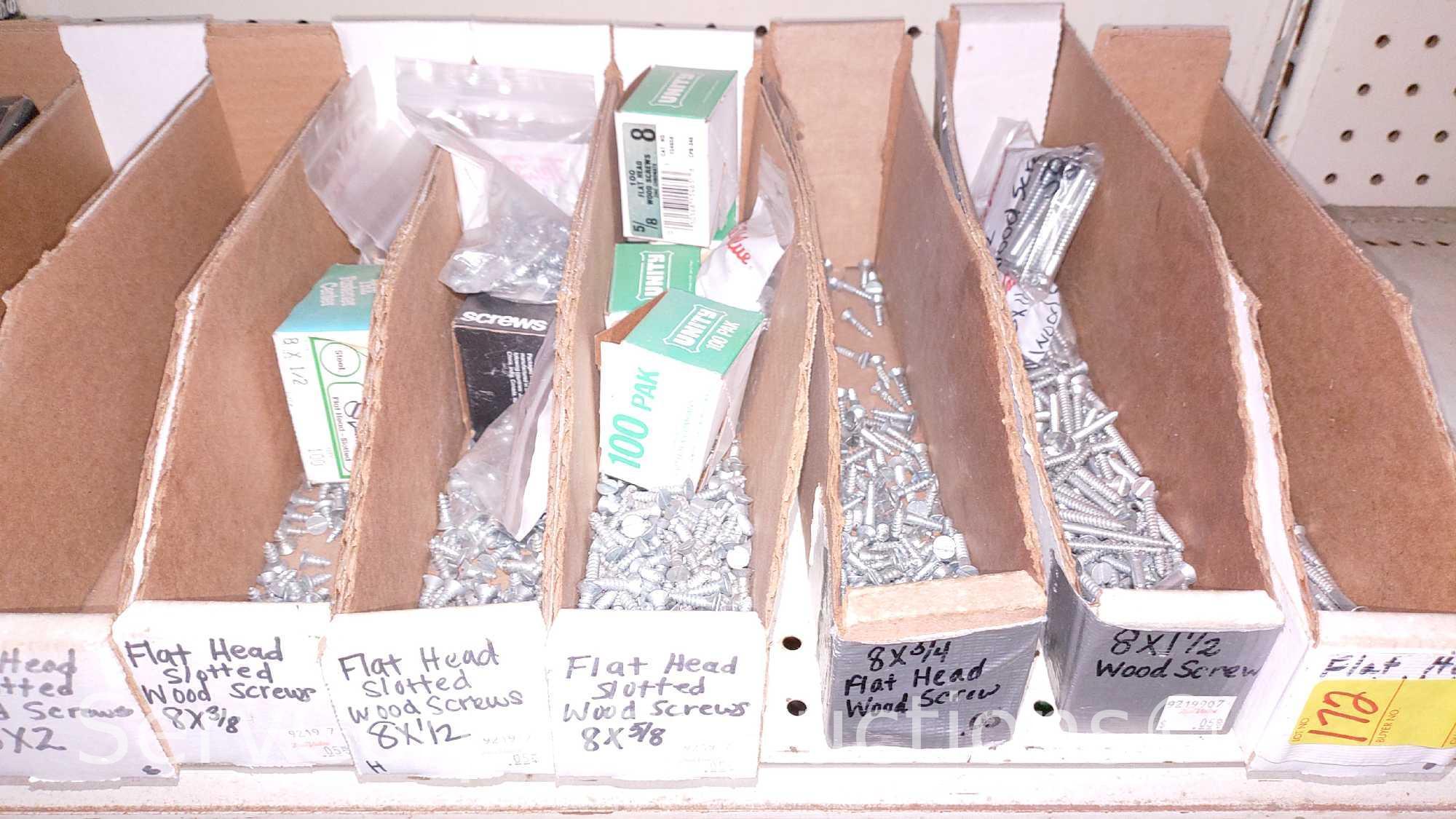 Lot Of Various Size Roundhead Machine Screws, Flathead Machine Screws, Flathead Slotted Wood Screws,