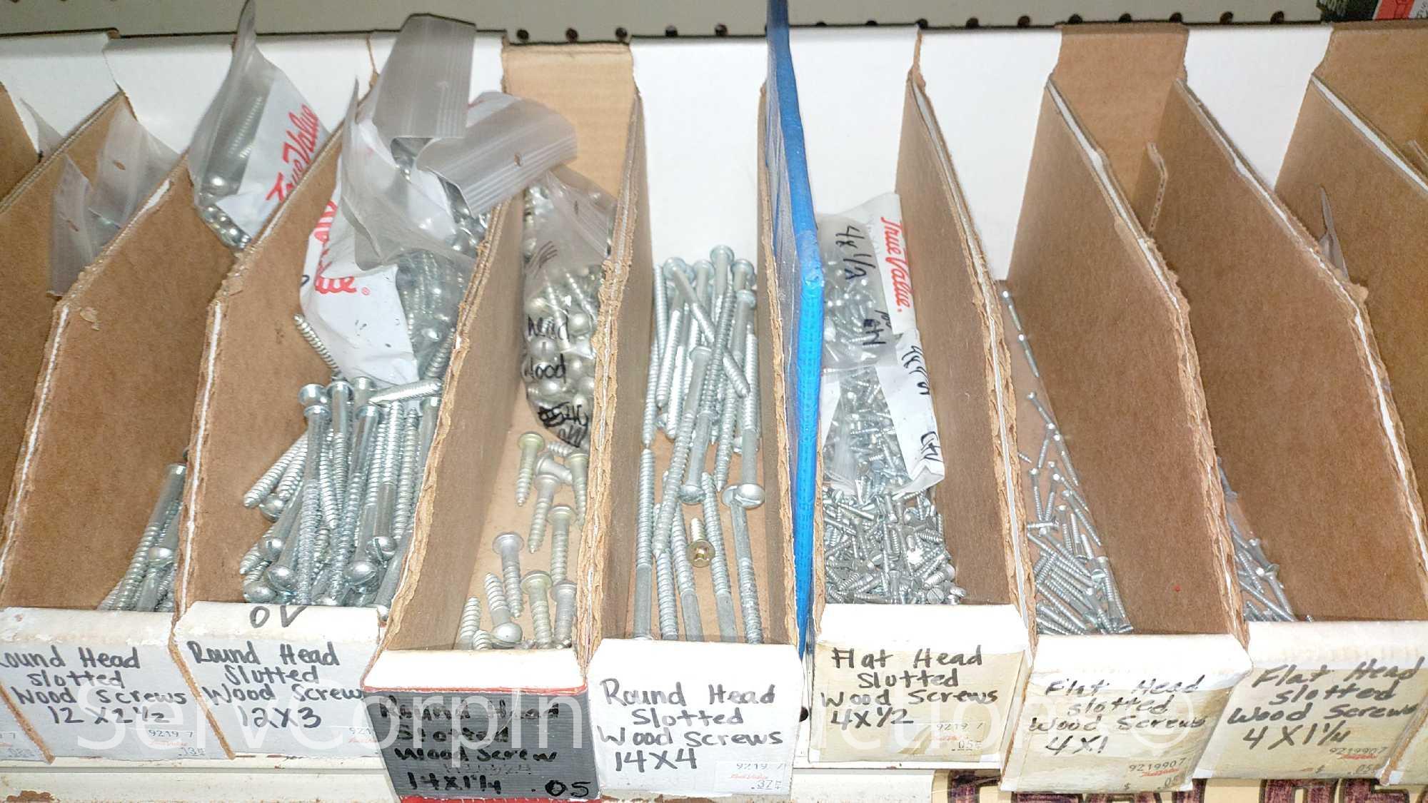 Lot Of Various Size Roundhead Machine Screws, Flathead Machine Screws, Flathead Slotted Wood Screws,