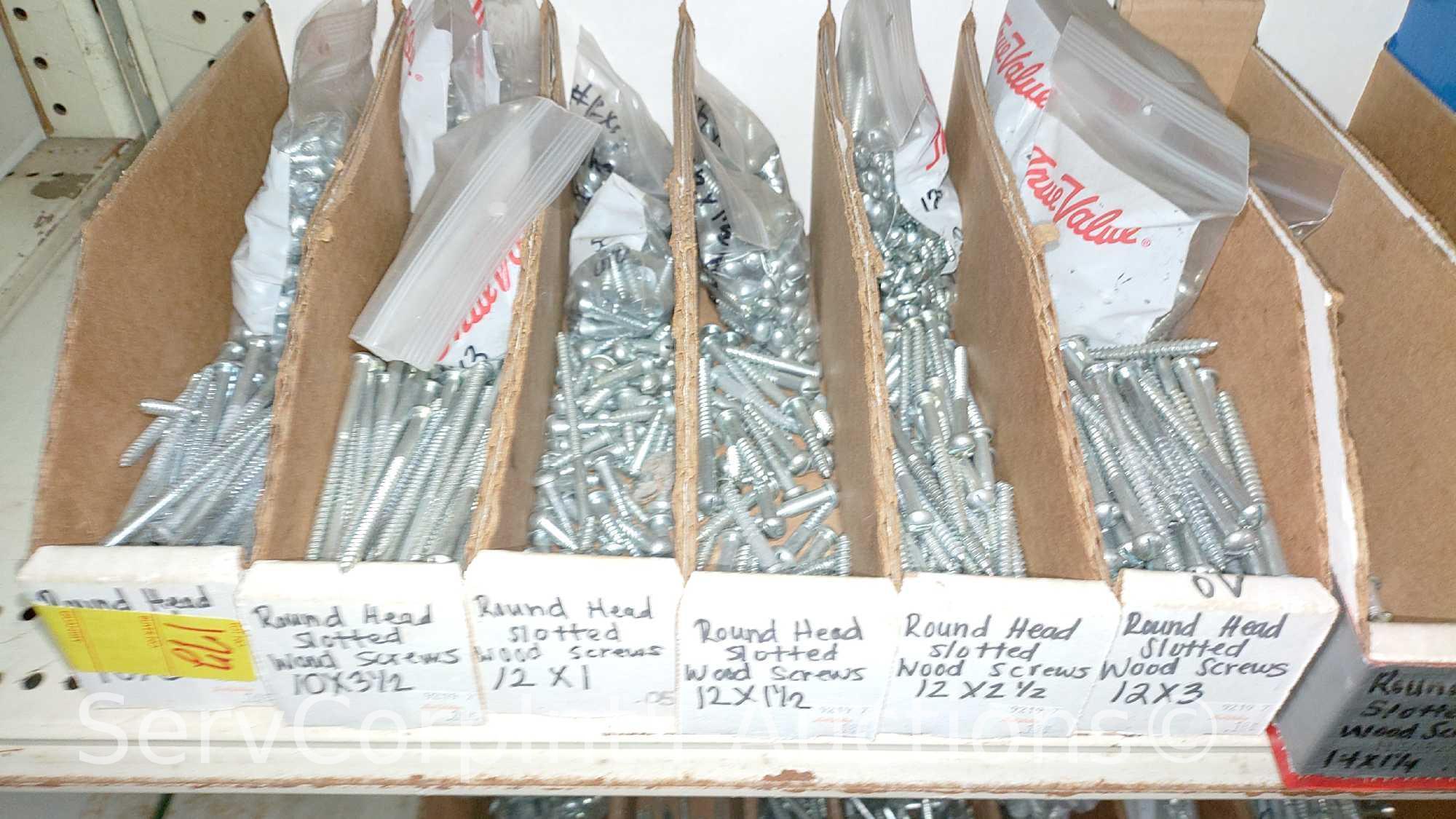 Lot Of Various Size Roundhead Machine Screws, Flathead Machine Screws, Flathead Slotted Wood Screws,