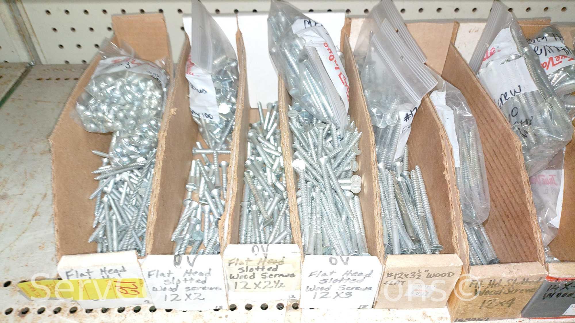 Lot Of Various Size Roundhead Machine Screws, Flathead Machine Screws, Flathead Slotted Wood Screws,