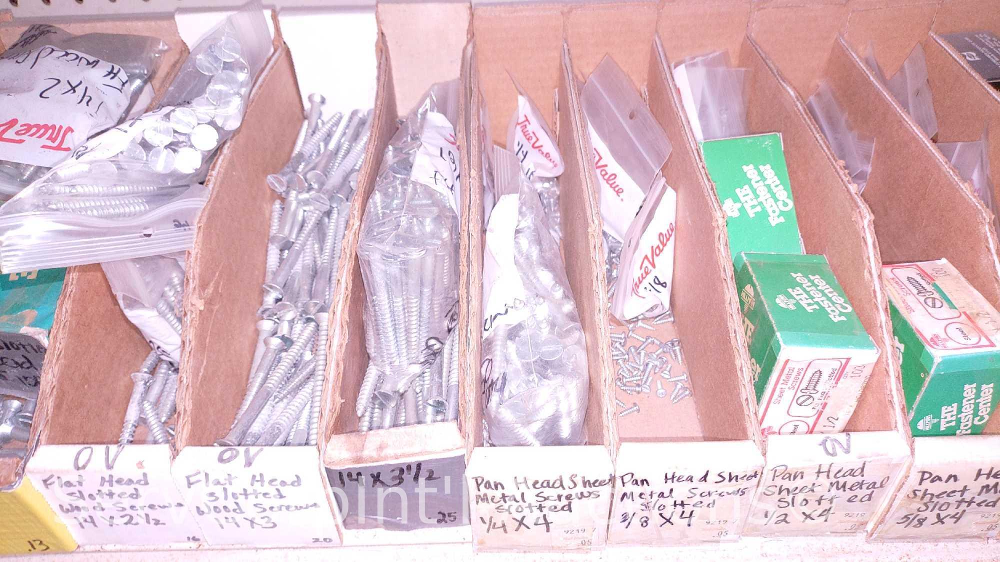 Lot Of Various Size Roundhead Machine Screws, Flathead Machine Screws, Flathead Slotted Wood Screws,