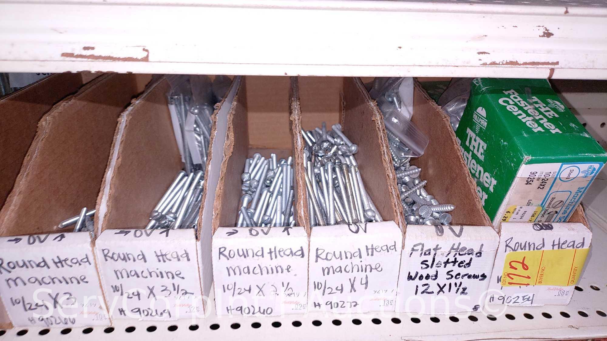 Lot Of Various Size Roundhead Machine Screws, Flathead Machine Screws, Flathead Slotted Wood Screws,