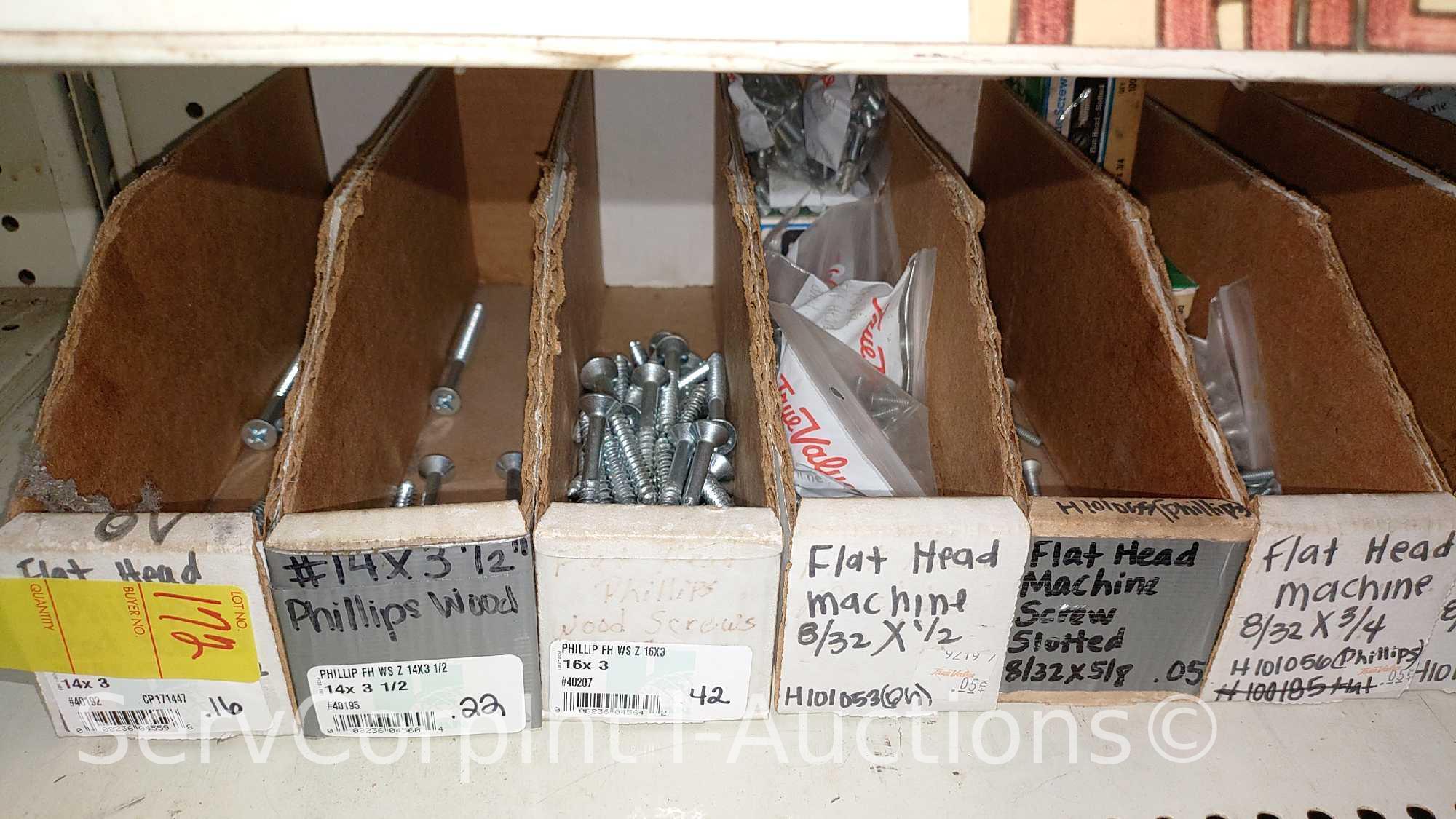 Lot Of Various Size Roundhead Machine Screws, Flathead Machine Screws, Flathead Slotted Wood Screws,