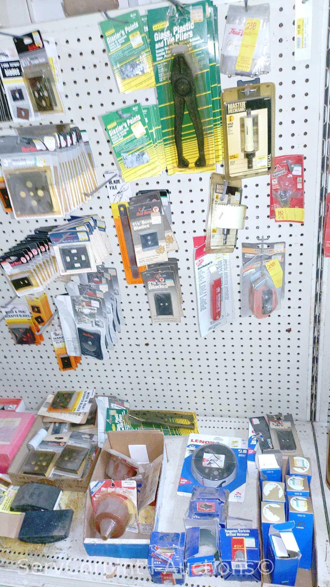 Lot Of Flush Cutting Blade Adapters, Hacksaw Blades, Scraper Blades, Glazier Points, Glass Pliers,