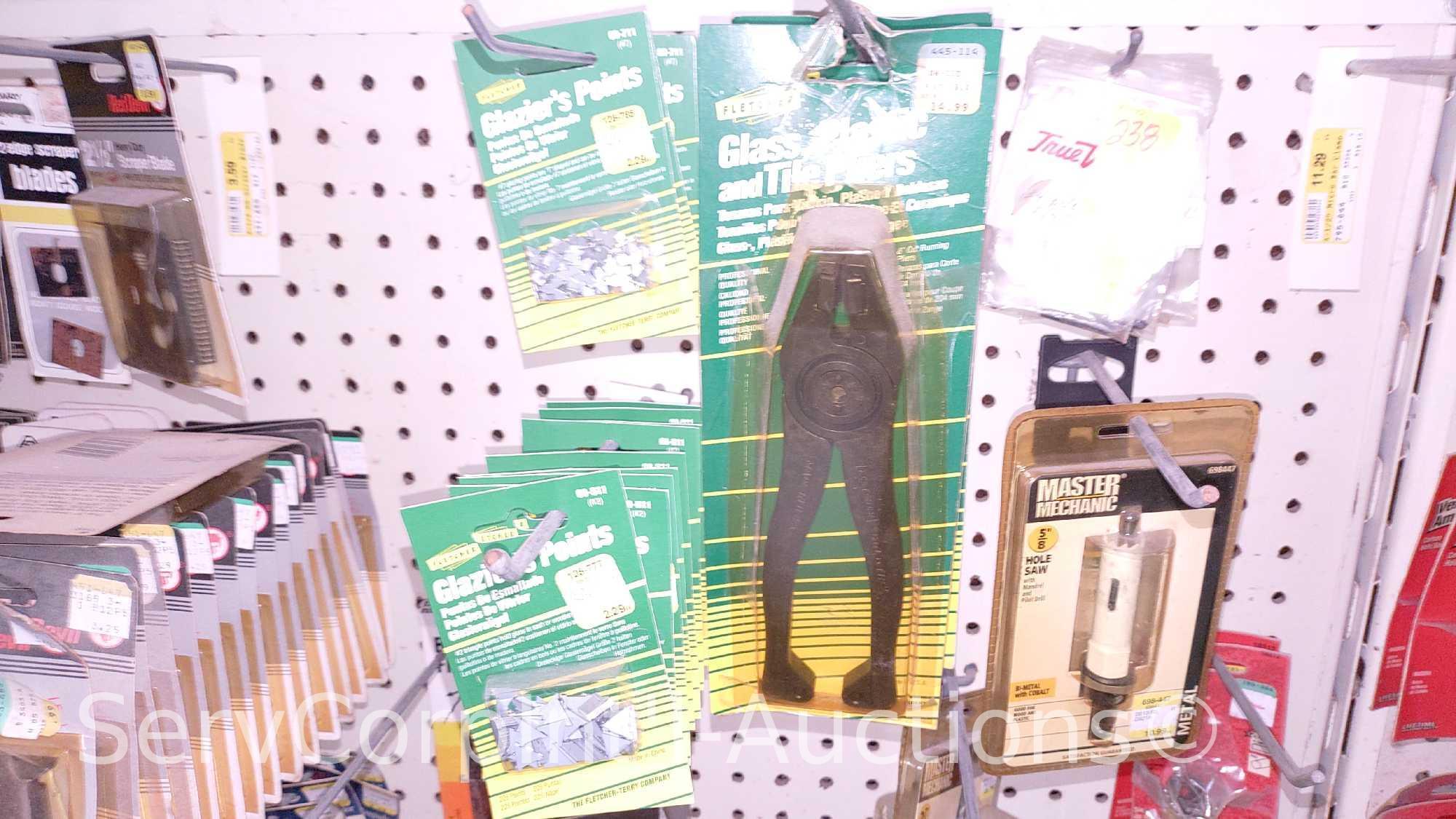 Lot Of Flush Cutting Blade Adapters, Hacksaw Blades, Scraper Blades, Glazier Points, Glass Pliers,