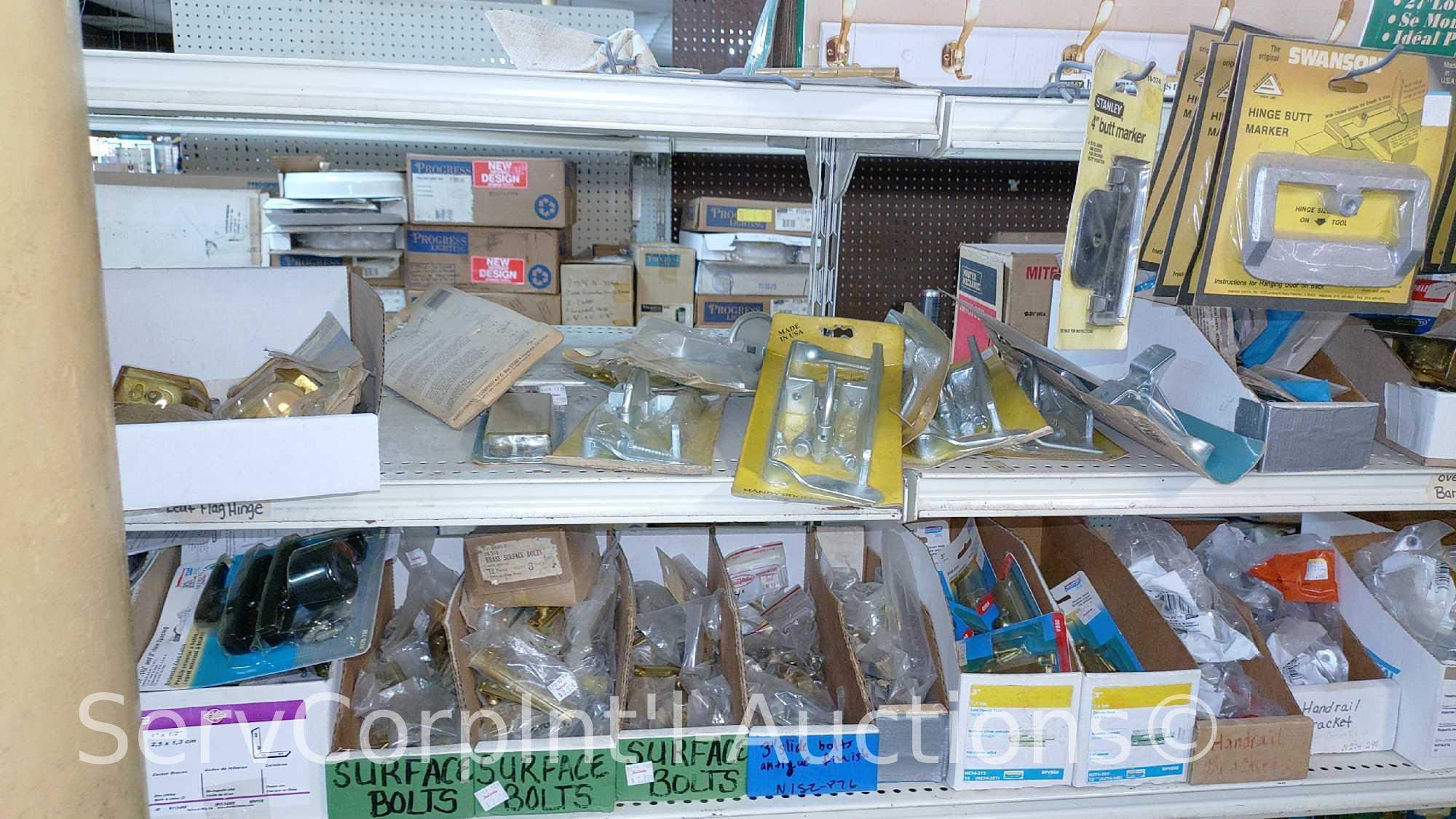 Lot Of Surface Bolts, Universal Knob Latches, Ring Latches, Pinch Butt Locker, Kick Down Doorstops,