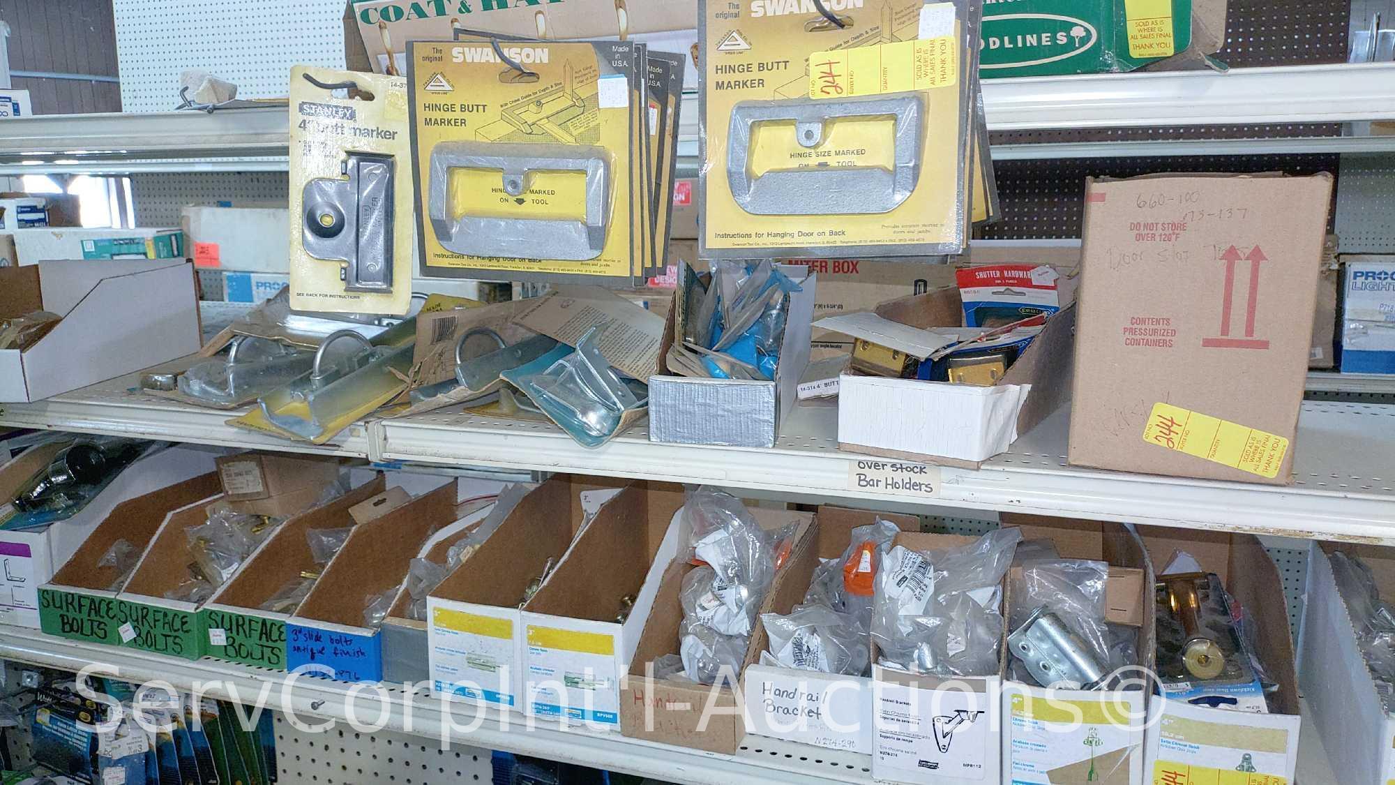 Lot Of Surface Bolts, Universal Knob Latches, Ring Latches, Pinch Butt Locker, Kick Down Doorstops,