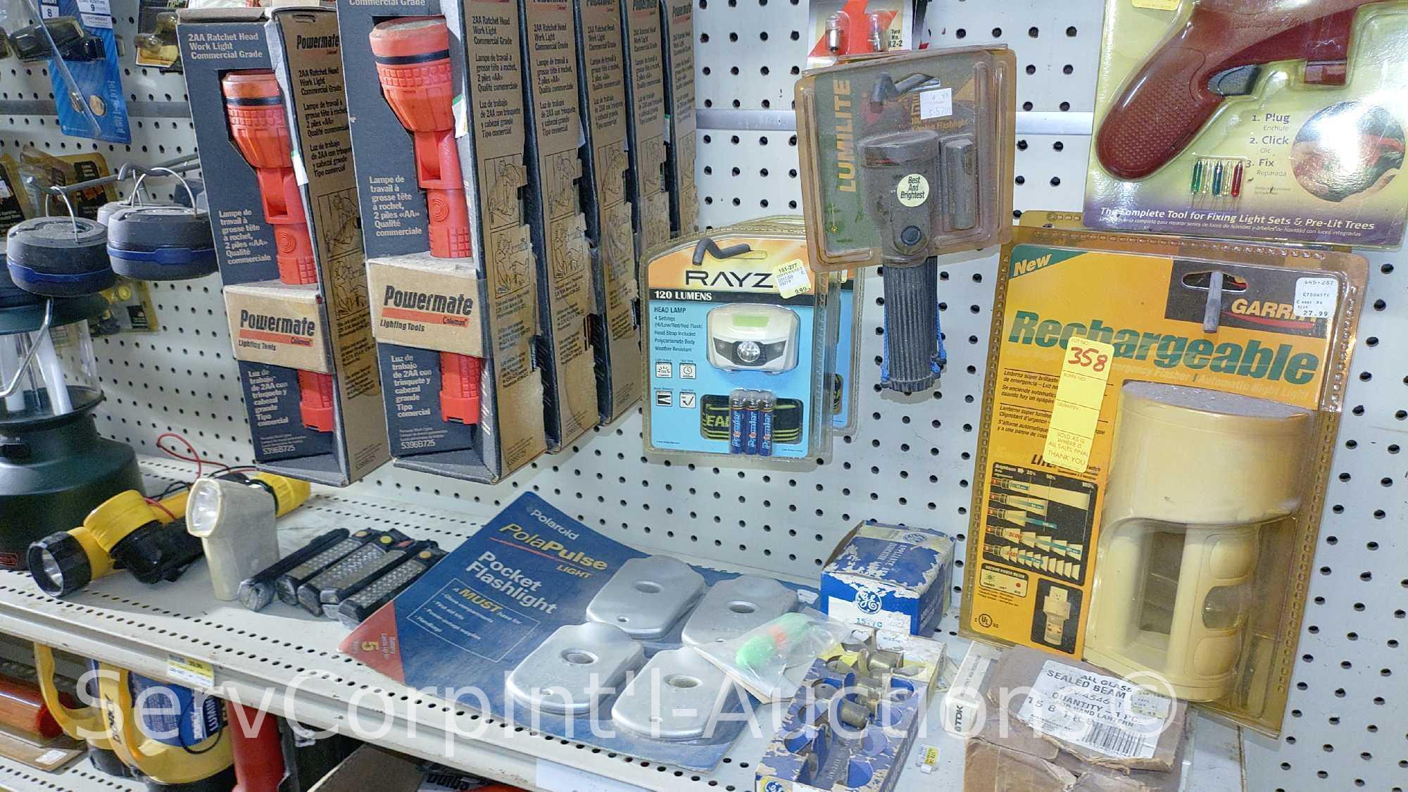 Lot Of Various Flashlights, Headlamps, Replacement Bulbs, Lantern, Electronic Signal Lights,