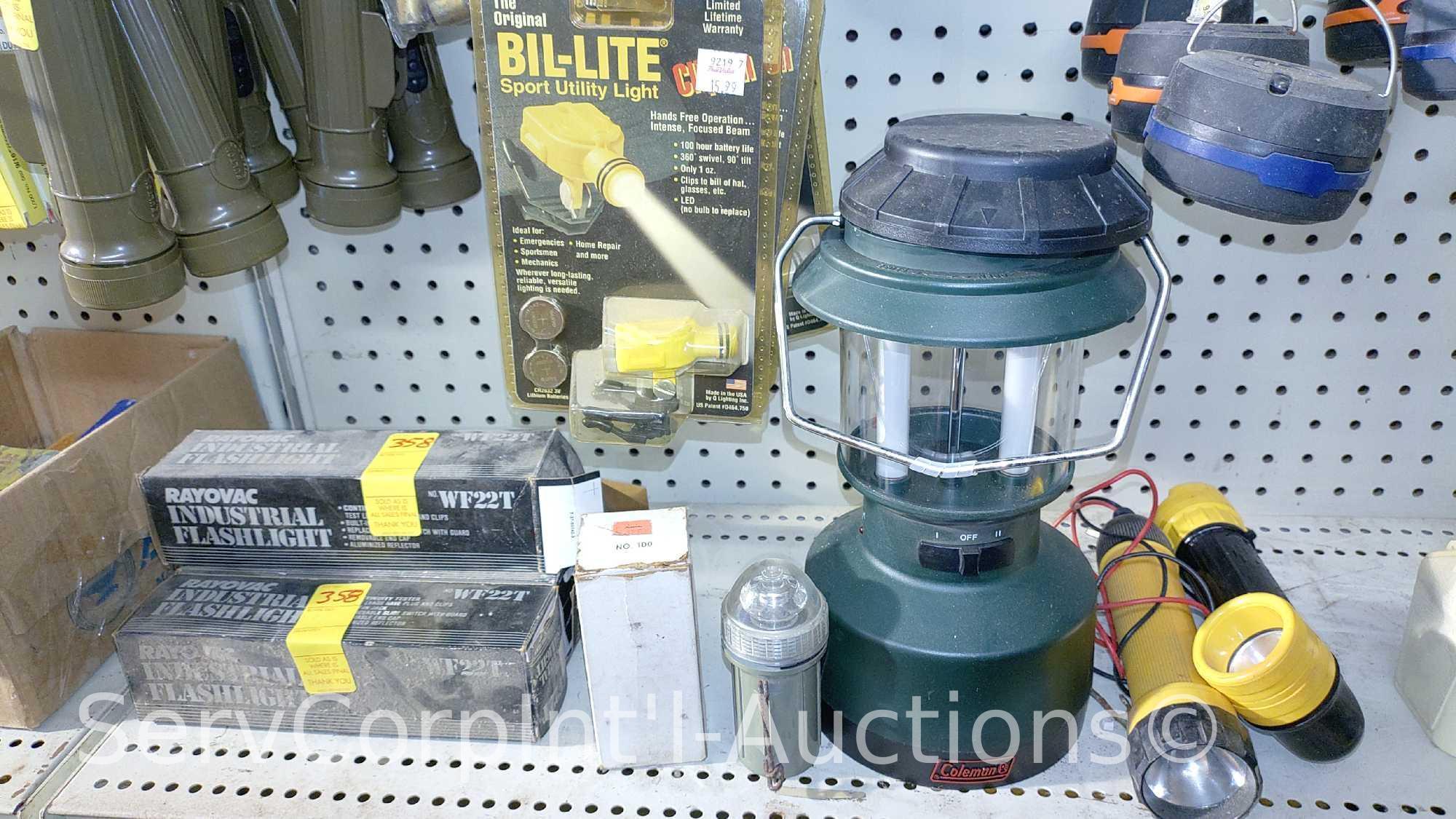 Lot Of Various Flashlights, Headlamps, Replacement Bulbs, Lantern, Electronic Signal Lights,