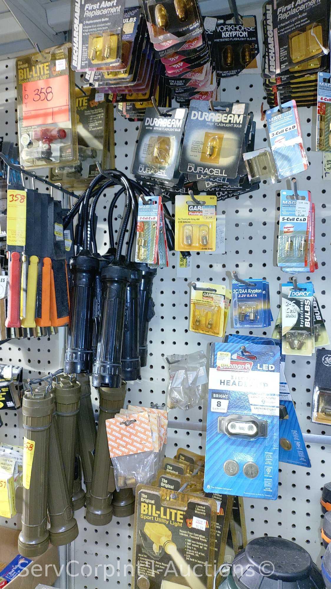 Lot Of Various Flashlights, Headlamps, Replacement Bulbs, Lantern, Electronic Signal Lights,