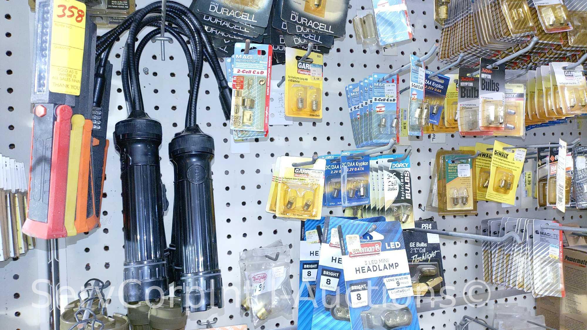 Lot Of Various Flashlights, Headlamps, Replacement Bulbs, Lantern, Electronic Signal Lights,