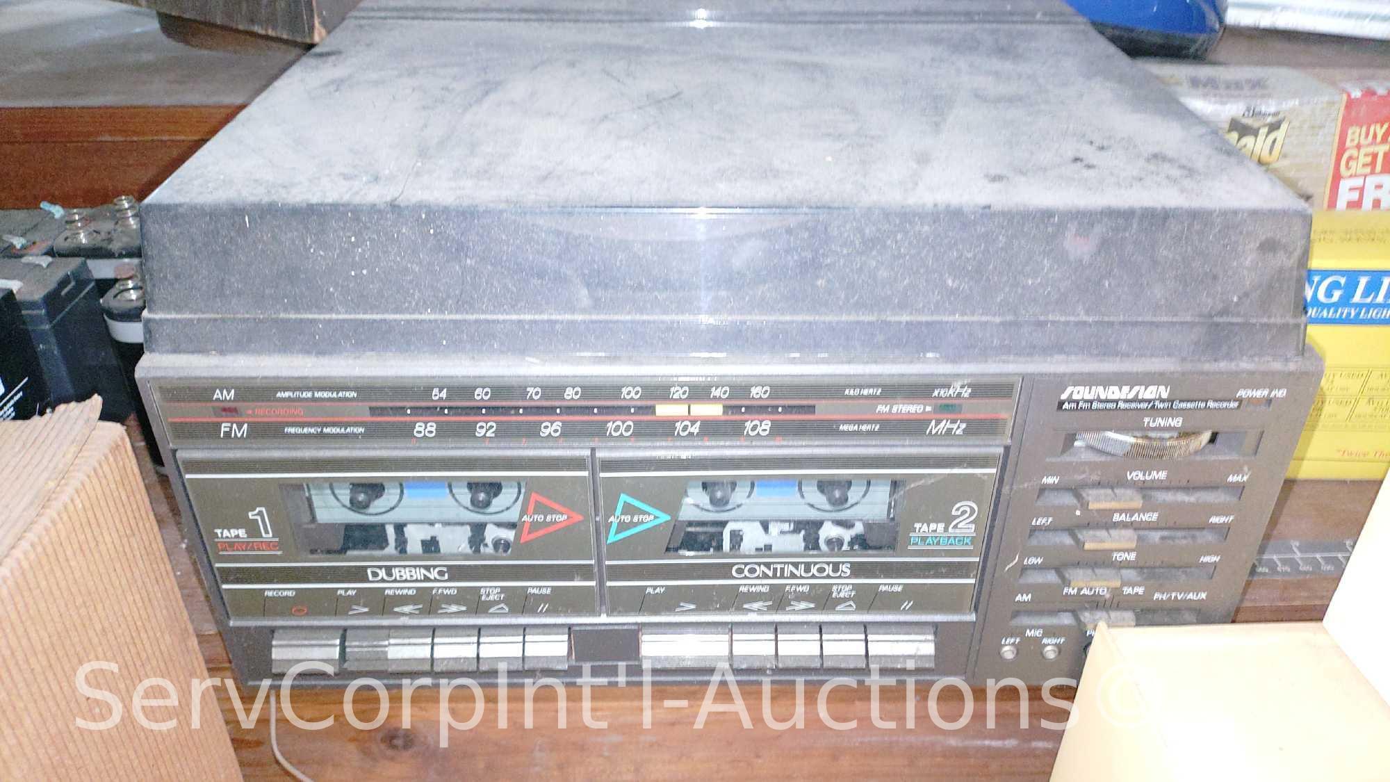 Lot Of Window Unit Filters, Belt Buckle, Tool Tower, Musical Water Glow Decor, Batteries, Sound Sign