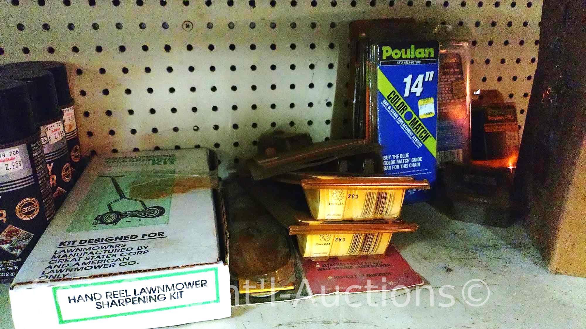 Lot Of Non-Stick Spray, Slick Battery Cleaner, Sharpening Kit, Arnold Grease Guns, Blade Clamps,