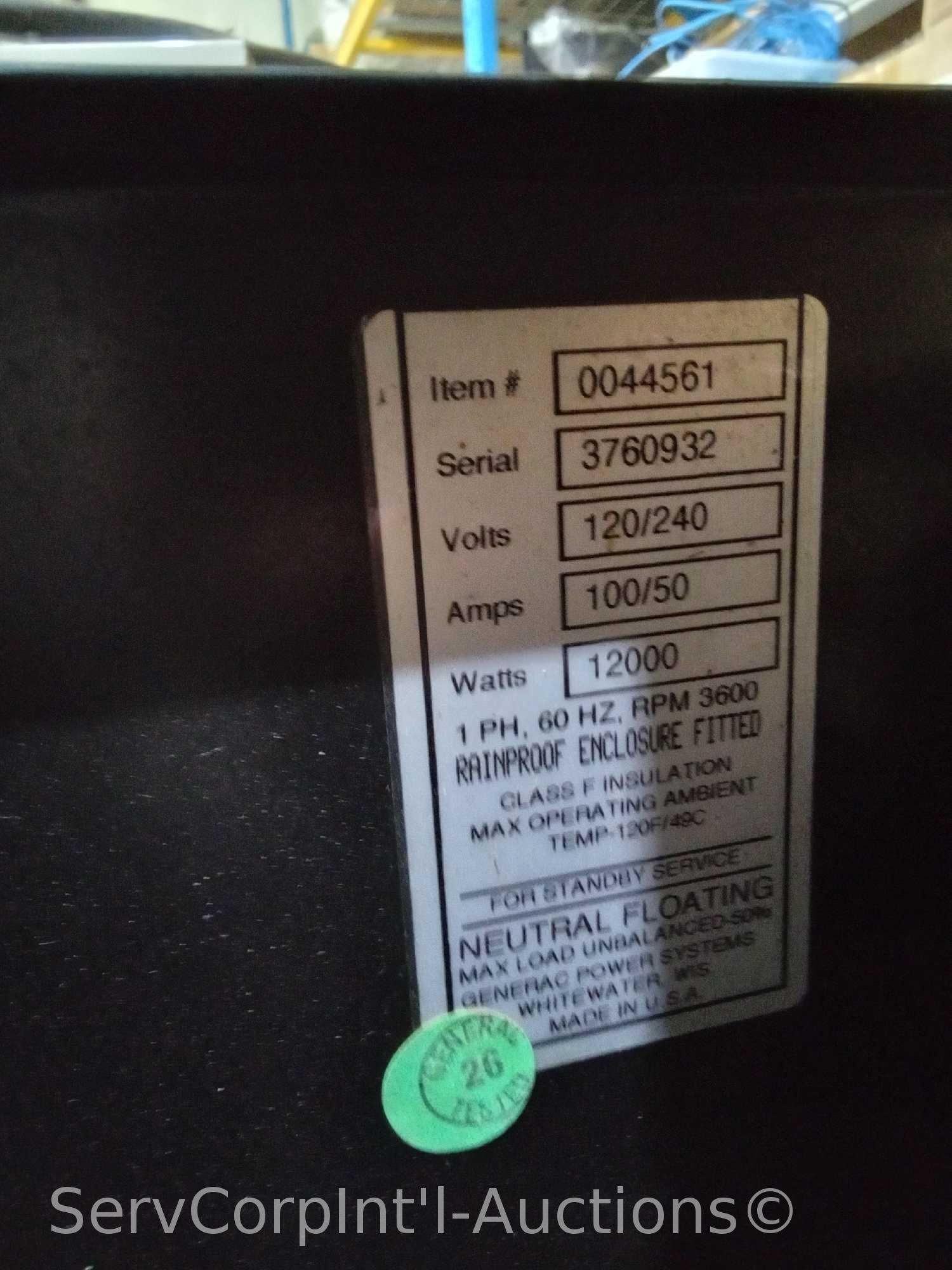 Generac Guardian 0044561 12000-Watt NP/LPG Generator SN: 3760932, No Transfer Switch (Located at