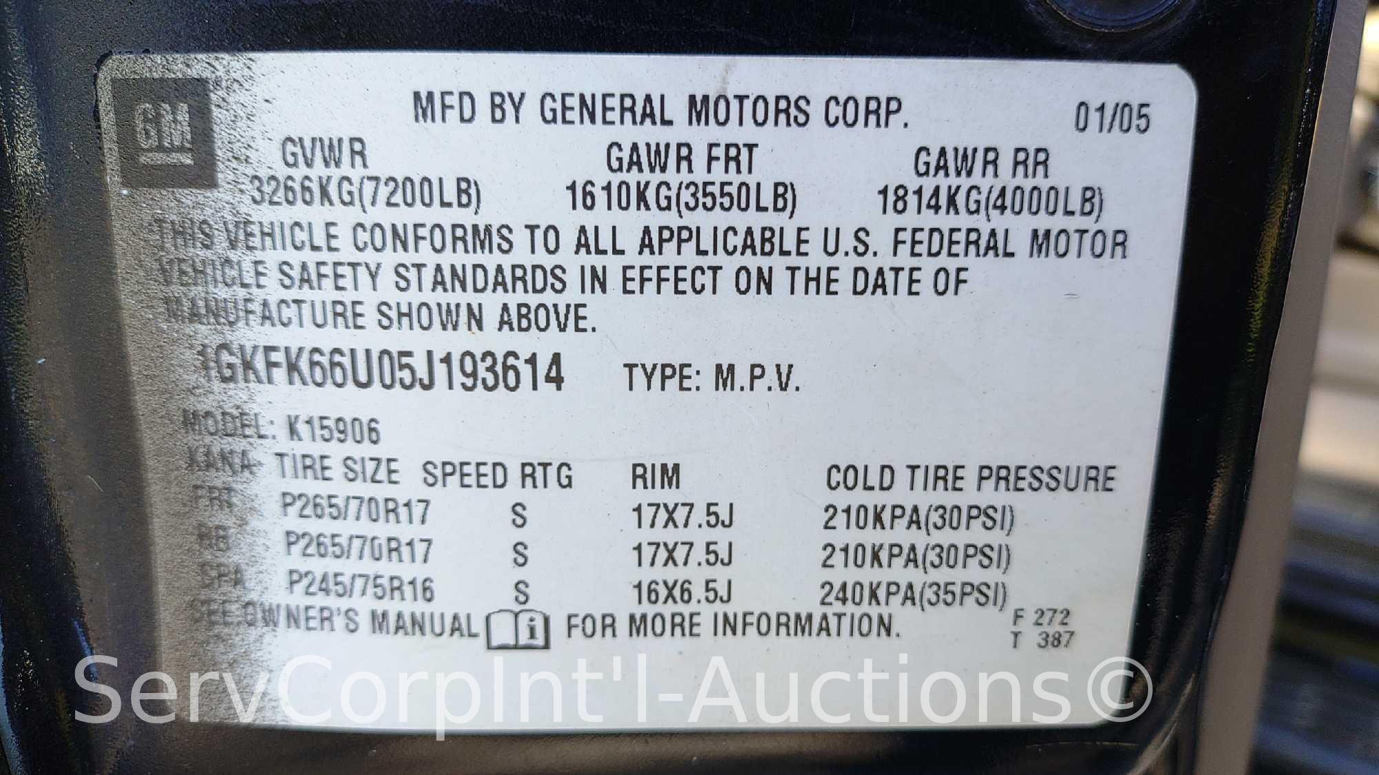 2005 GMC Yukon XL Denali Multipurpose Vehicle (MPV), VIN # 1GKFK66U05J193614