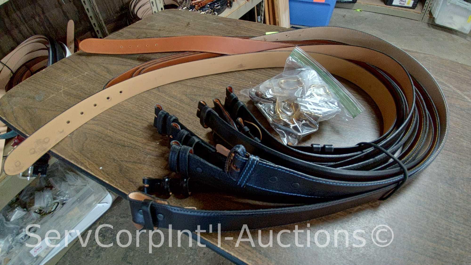 Lot on Shelf of Approximately 75 Belts & a Bag of Various Buckles: Bison, Buffalo, Shrunken Bull,