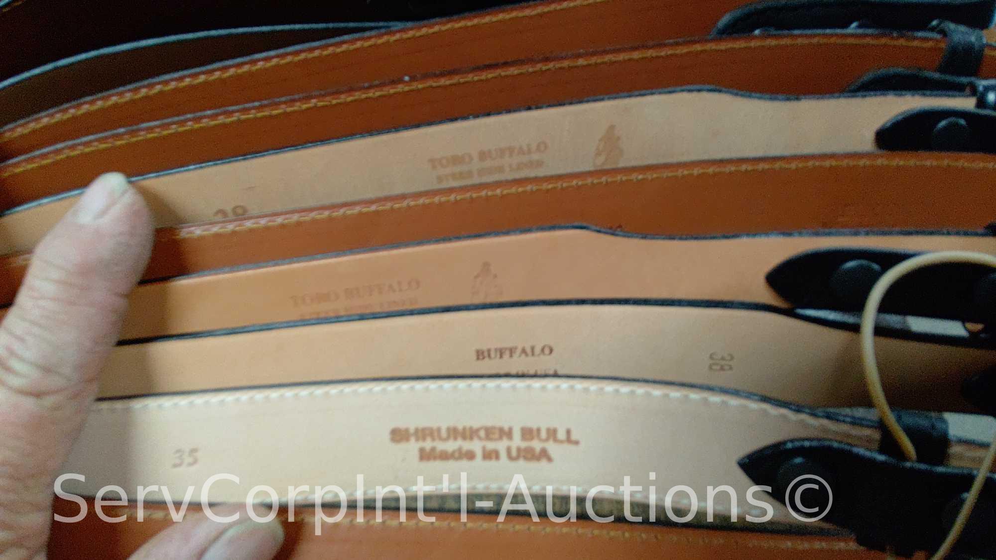 Lot on Shelf of Approximately 75 Belts & a Bag of Various Buckles: Bison, Buffalo, Shrunken Bull,