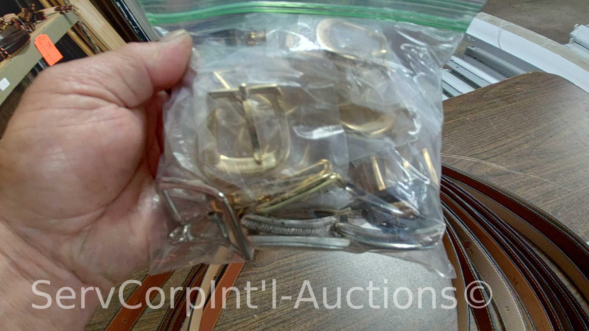 Lot on Shelf of Approximately 75 Belts & a Bag of Various Buckles: Bison, Buffalo, Shrunken Bull,