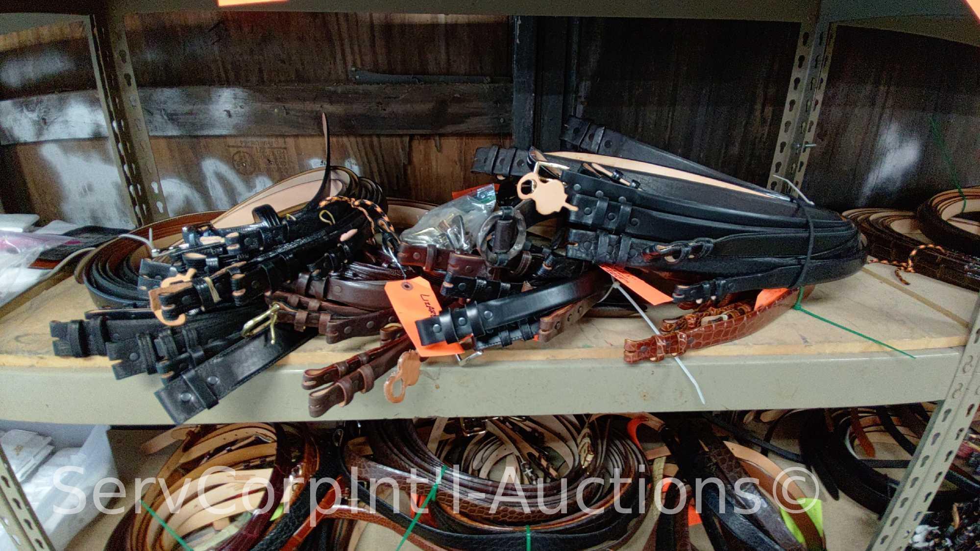 Lot on Shelf of Approximately 75 Belts & a Bag of Various Buckles: Bison, Buffalo, Shrunken Bull,