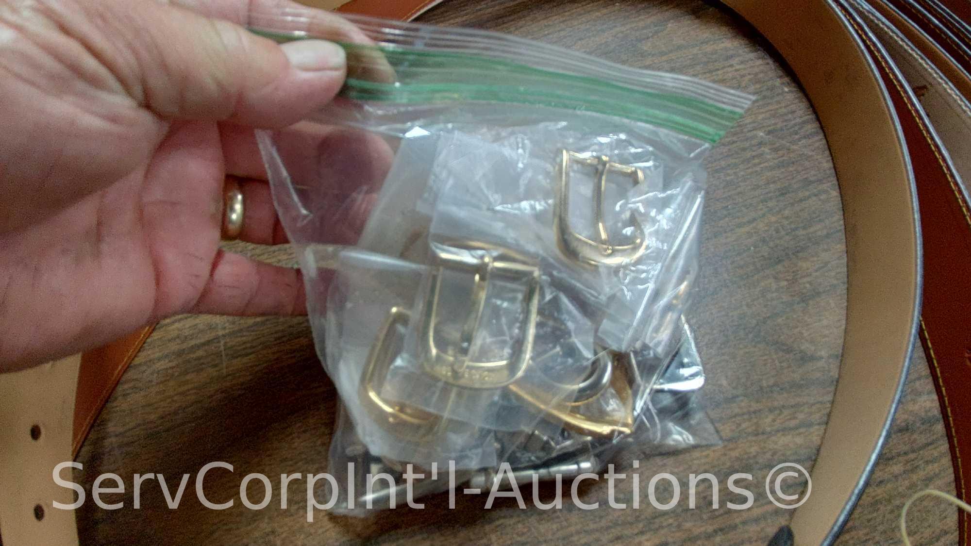 Lot on Shelf of Approximately 75 Belts & a Bag of Various Buckles: Bison, Buffalo, Shrunken Bull,