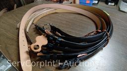 Lot on Shelf of Approximately 75 Belts & a Bag of Various Buckles: Bison, Buffalo, Shrunken Bull,