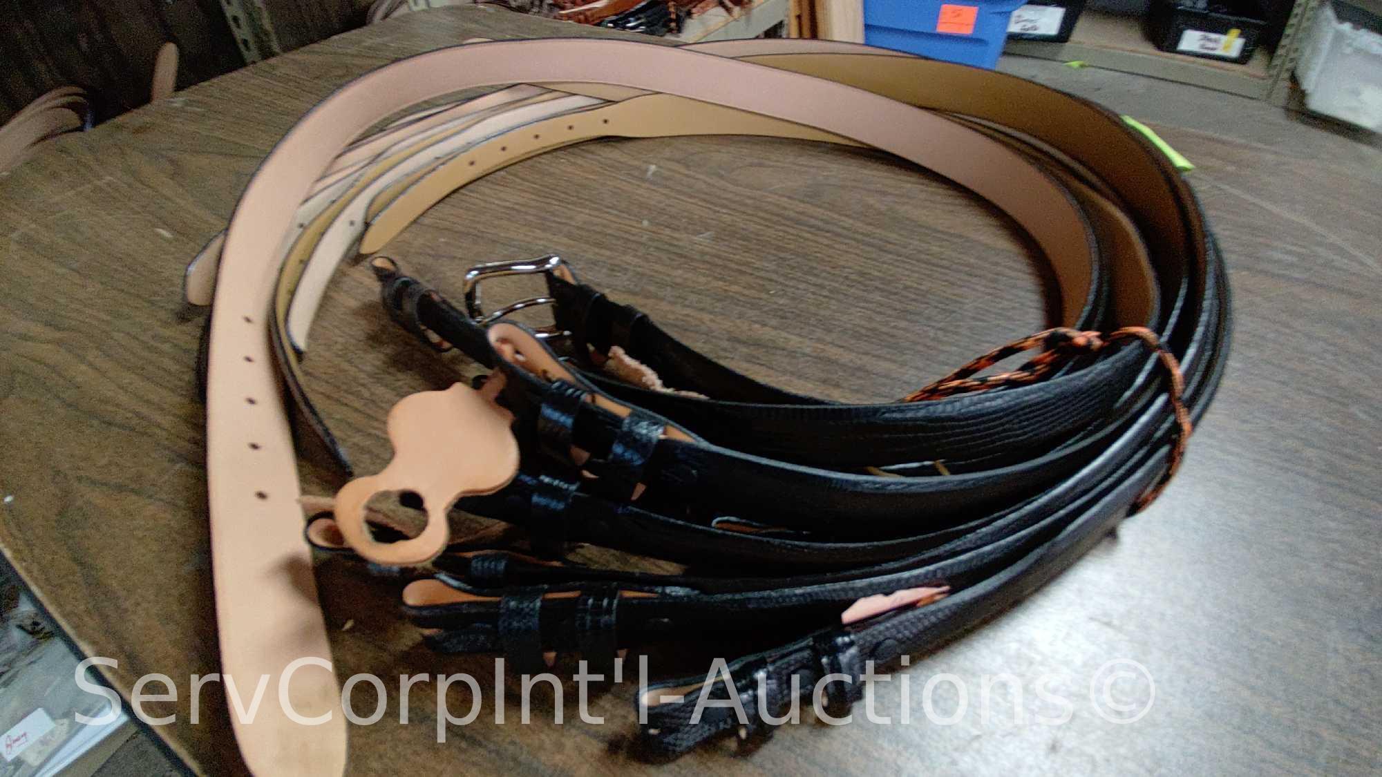 Lot on Shelf of Approximately 75 Belts & a Bag of Various Buckles: Bison, Buffalo, Shrunken Bull,