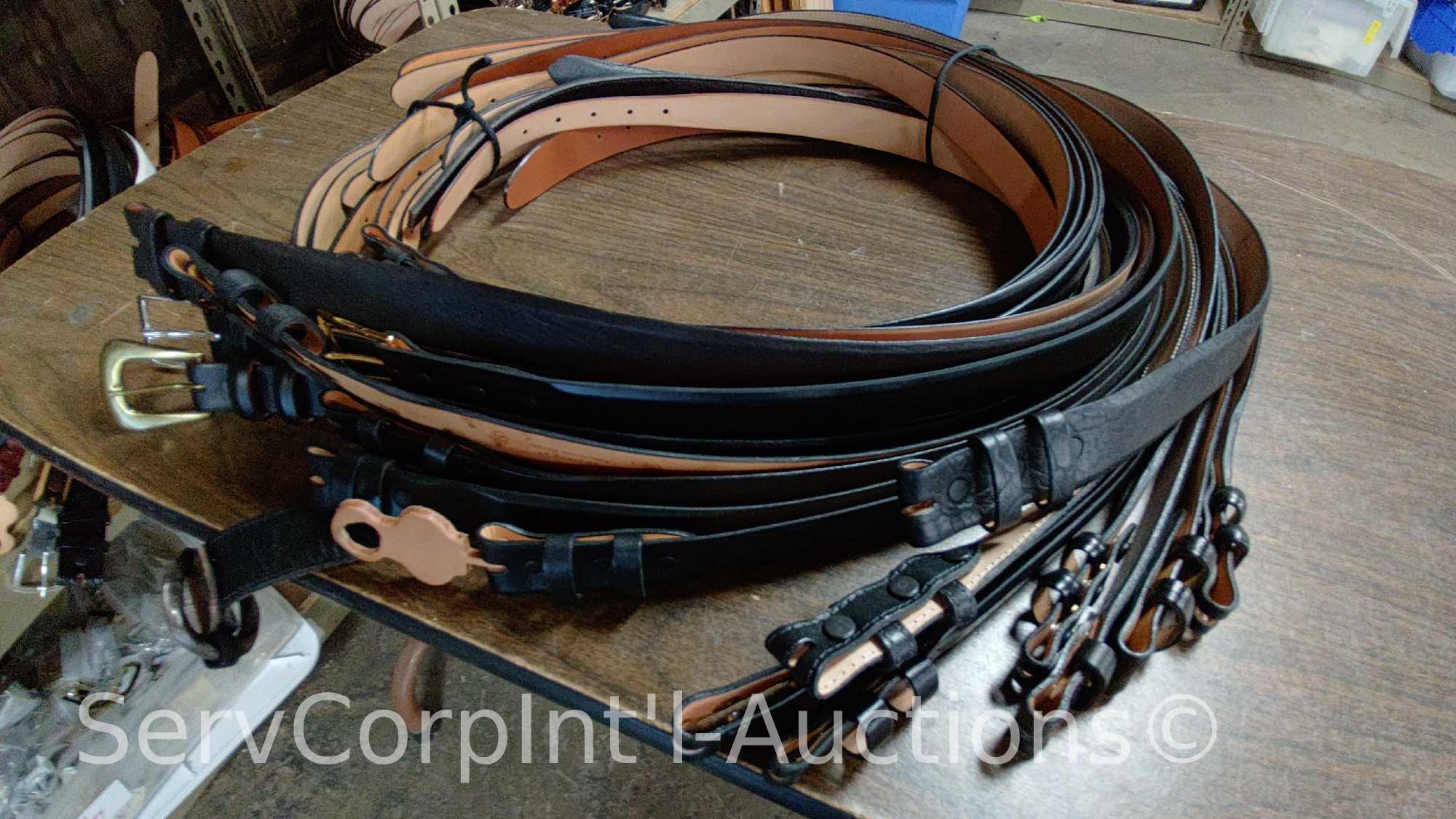Lot on Shelf of Approximately 75 Belts & a Bag of Various Buckles: Bison, Buffalo, Shrunken Bull,