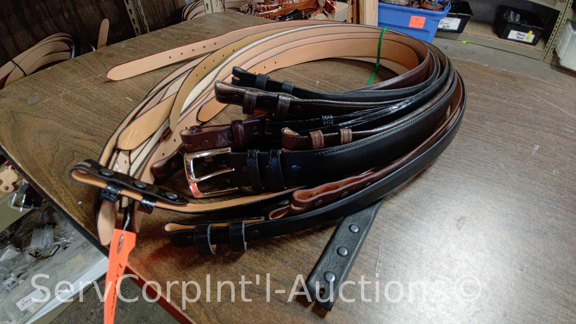 Lot on Shelf of Approximately 75 Belts & a Bag of Various Buckles: Bison, Buffalo, Shrunken Bull,