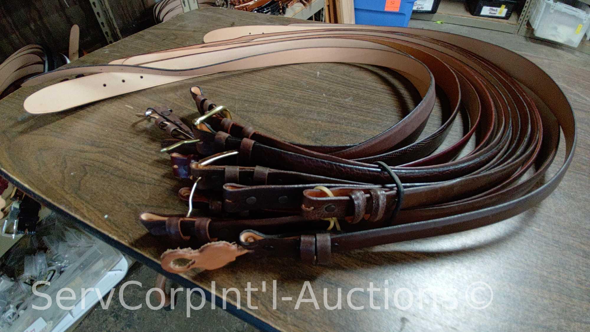 Lot on Shelf of Approximately 75 Belts & a Bag of Various Buckles: Bison, Buffalo, Shrunken Bull,
